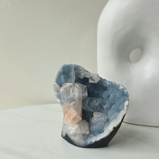 Rare Diamond Apophyllite Crystal on Blue Chalcedony with Stilbite Cluster