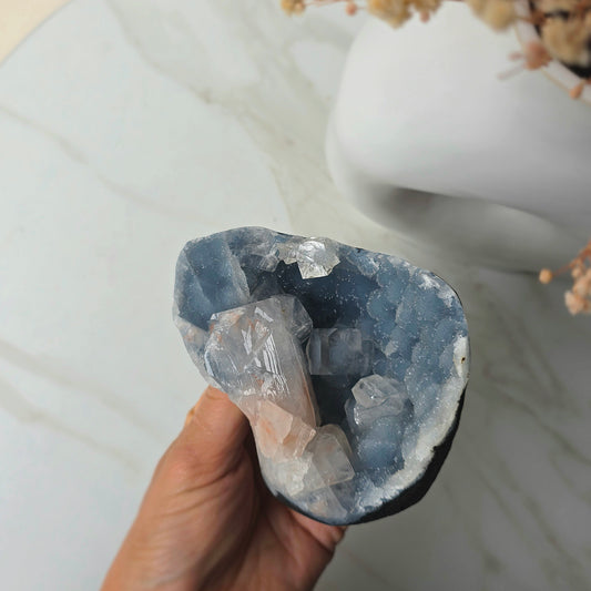 Rare Diamond Apophyllite Crystal on Blue Chalcedony with Stilbite Cluster