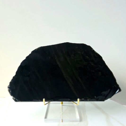 Black Obsidian Crystal Gold Sheen Slab Slice on Stand