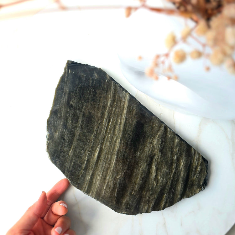 Black Obsidian Crystal Gold Sheen Slab Slice on Stand