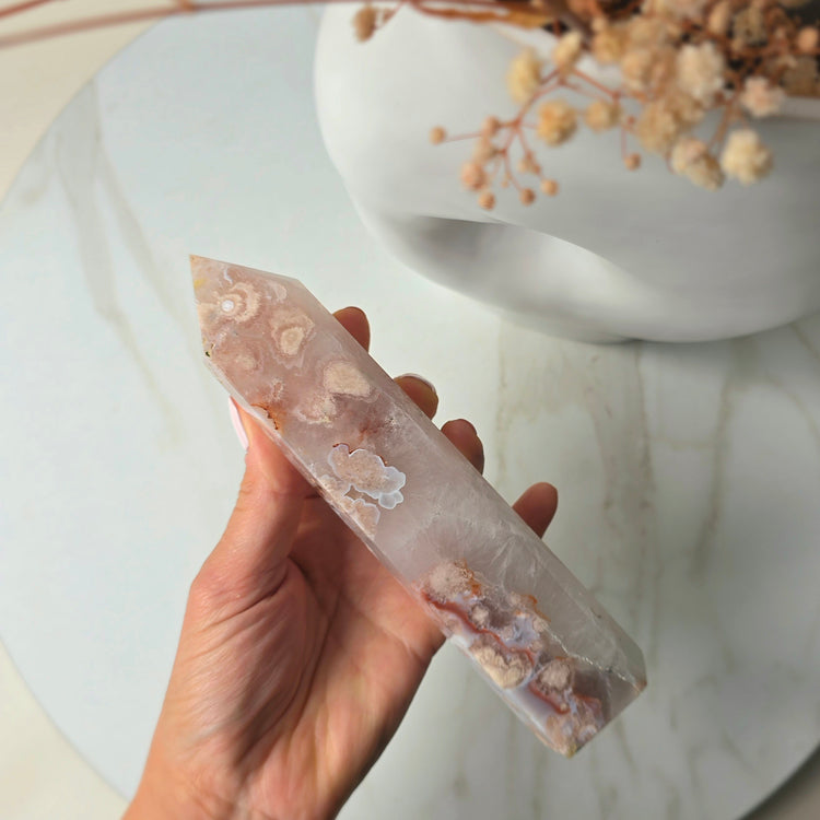 Rare Pink Amethyst Crystal with Cherry Blossom Flower Agate Obelisk Tower Point Generator