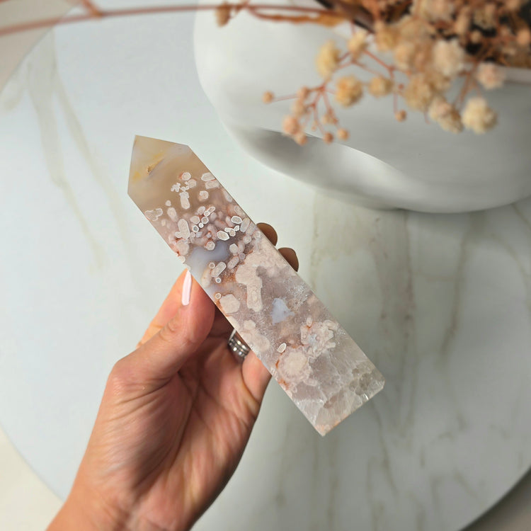 Rare Pink Amethyst Crystal with Cherry Blossom Flower Agate Obelisk Tower Point Generator