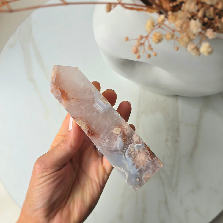 Rare Pink Amethyst Crystal with Cherry Blossom Flower Agate Obelisk Tower Point Generator