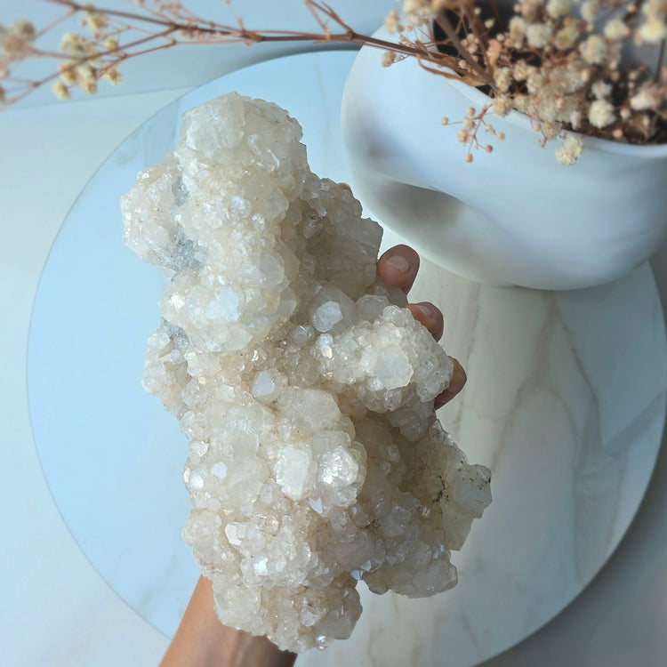 White Apophyllite Crystal with Black Chalcedony Crystal Cluster XL 3kg High Quality India