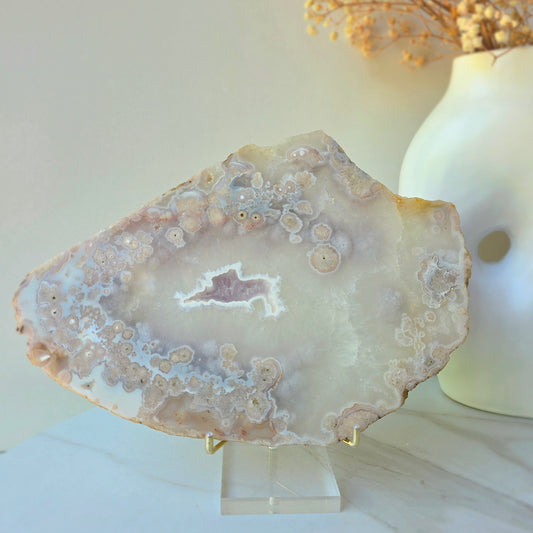 Rare Pink Amethyst Crystal with Cherry Blossom Flower Agate Slab Slice with stand 2