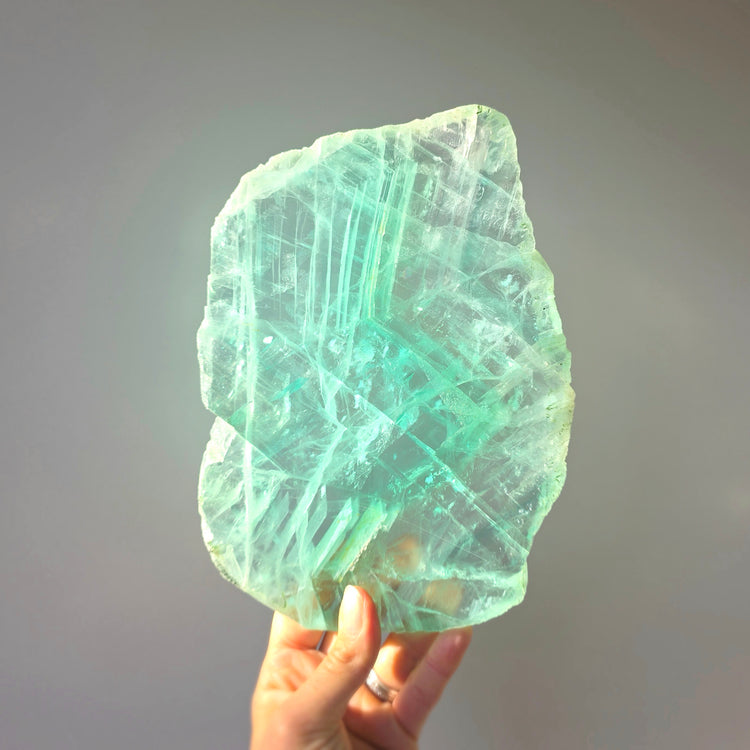 Green Fluorite Crystal Slab Slice High Quality on Stand