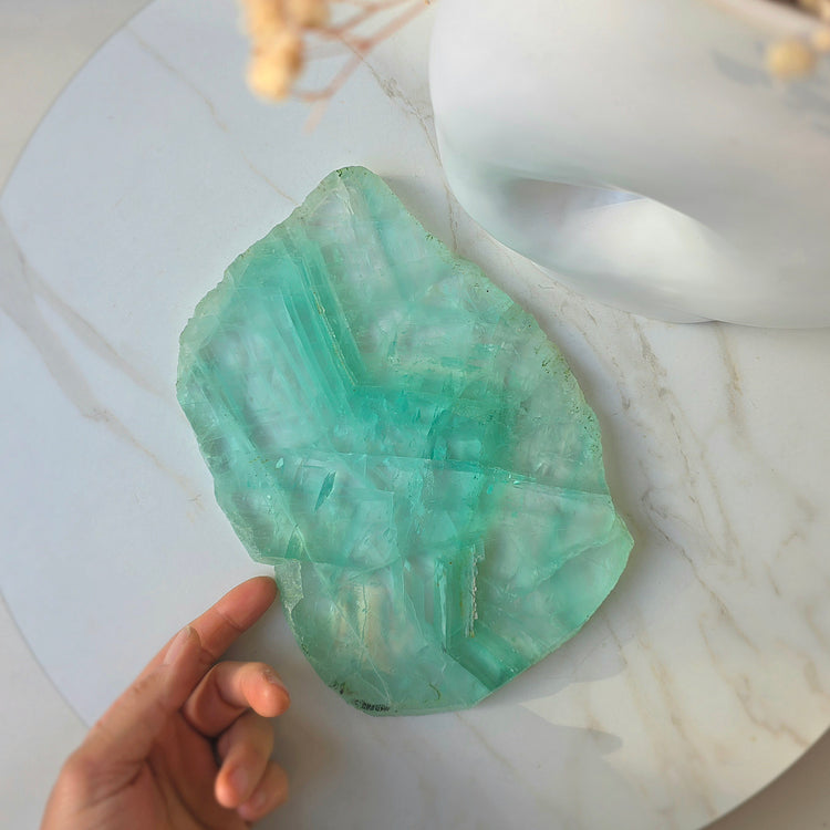 Green Fluorite Crystal Slab Slice High Quality on Stand