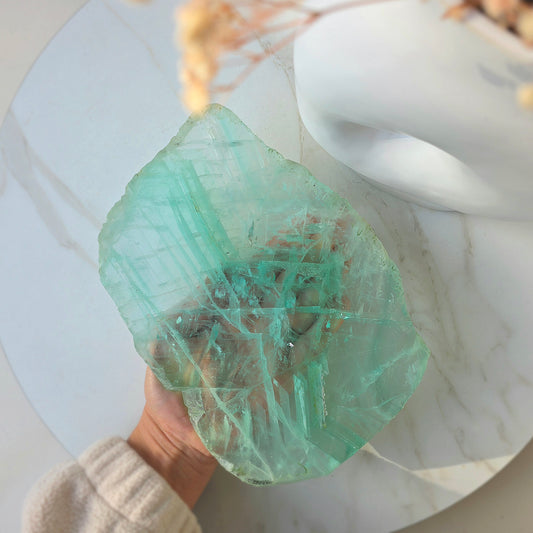 Green Fluorite Crystal Slab Slice High Quality on Stand
