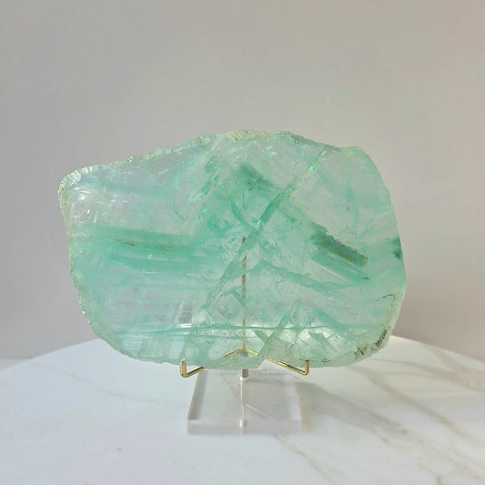 Green Fluorite Crystal Slab Slice High Quality on Stand