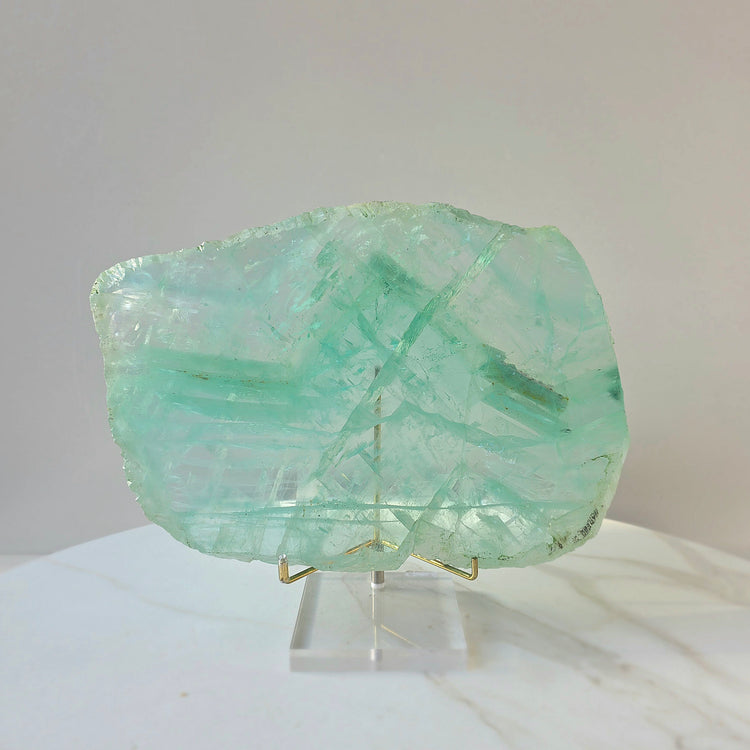 Green Fluorite Crystal Slab Slice High Quality on Stand
