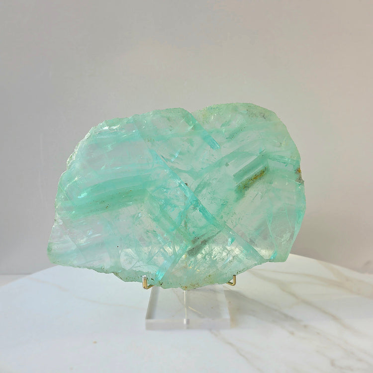 Green Fluorite Crystal Slab Slice High Quality on Stand