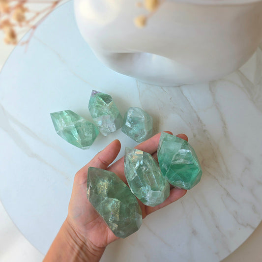 Green Fluorite Crystal Faceted Flame High Quality