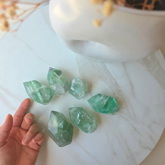 Green Fluorite Crystal Faceted Flame High Quality