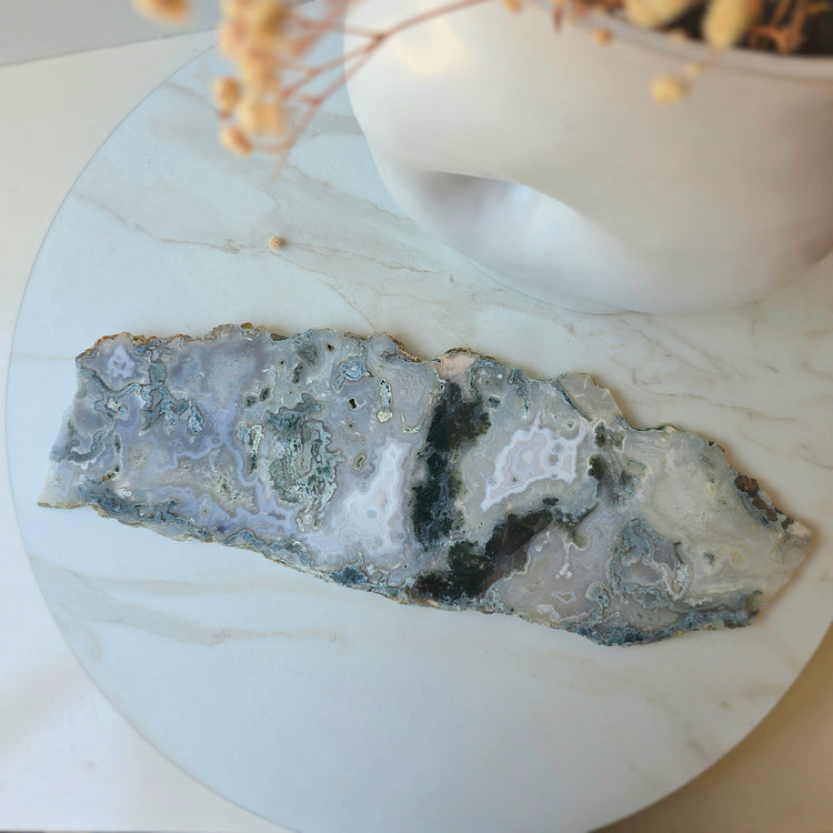 Green Moss Agate Crystal Slab Slice with stand