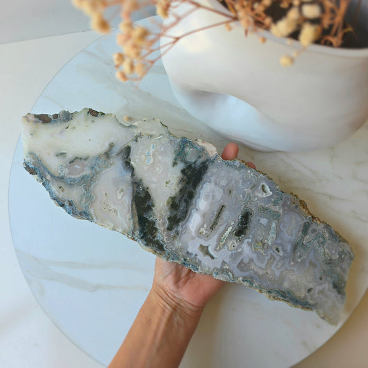 Green Moss Agate Crystal Slab Slice with stand