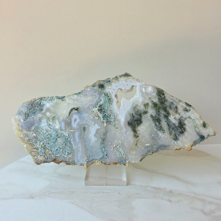 Green Moss Agate Crystal Slab Slice with stand