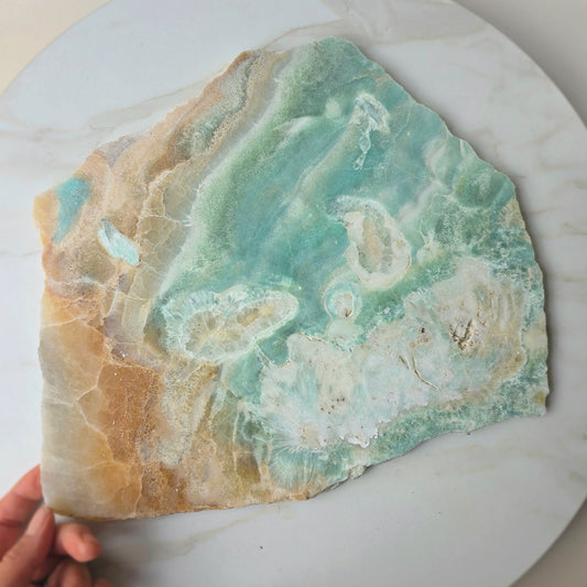 Amazonite Crystal Slab Slice on Gold Stand XL