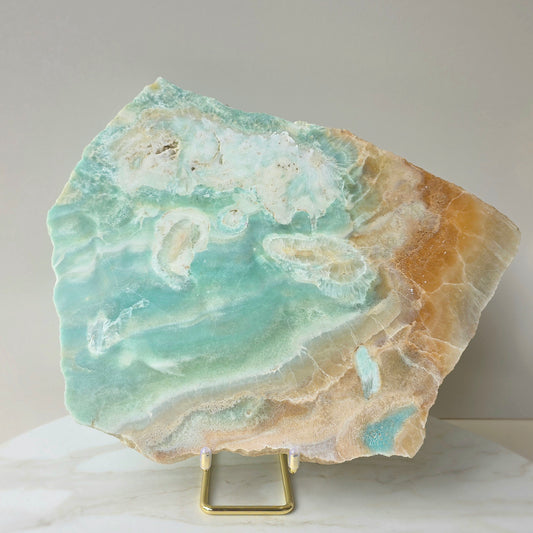 Amazonite Crystal Slab Slice on Gold Stand XL
