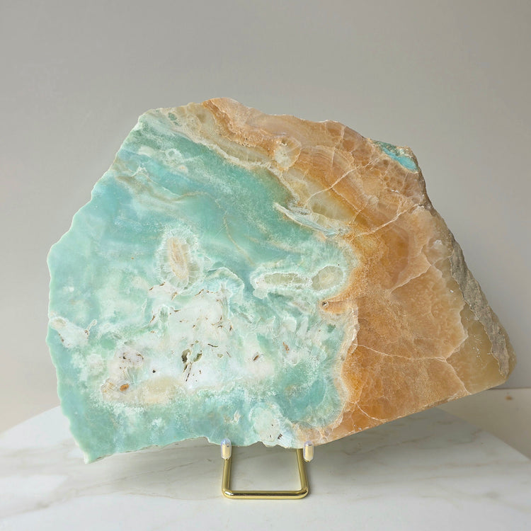 Amazonite Crystal Slab Slice on Gold Stand XL