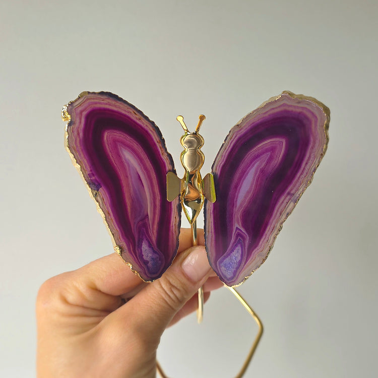 Purple Agate Crystal Butterfly Gold Edge on Stand