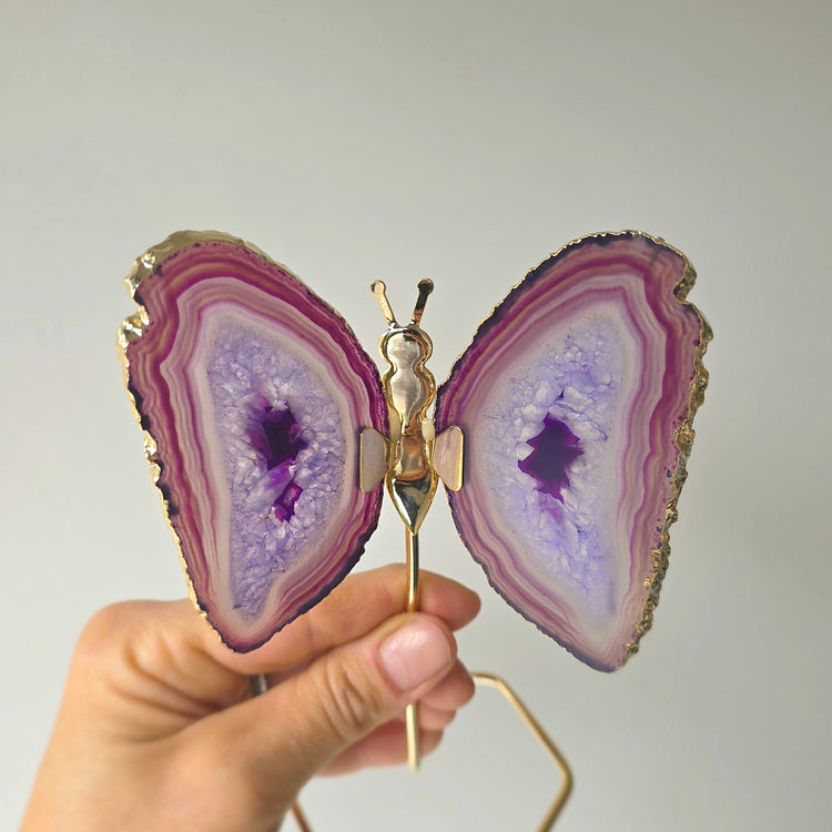 Purple Agate Crystal Butterfly Gold Edge on Stand