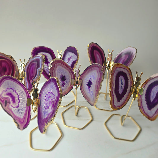 Purple Agate Crystal Butterfly Gold Edge on Stand