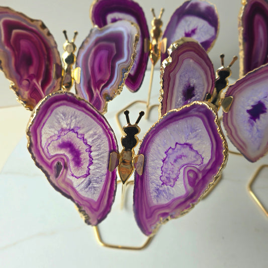 Purple Agate Crystal Butterfly Gold Edge on Stand