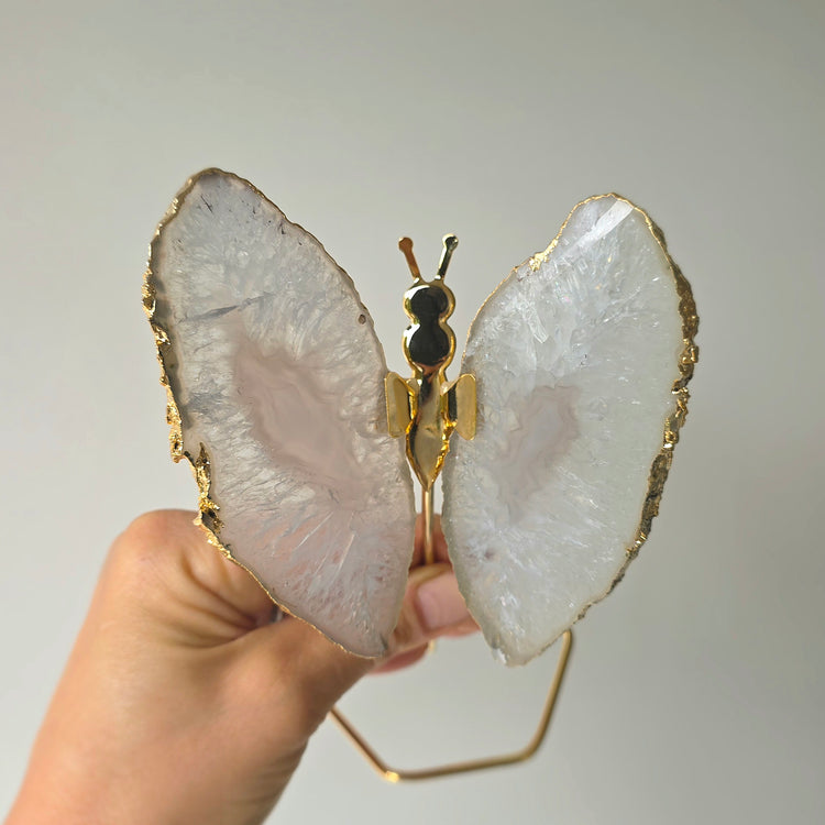 White Agate Crystal Butterfly Gold Edge on Stand