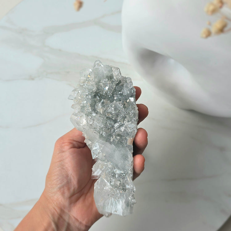 Rare Diamond Apophyllite Crystal on Blue Chalcedony with Stilbite Crystal Cluster Collectors Piece