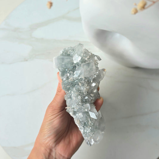 Rare Diamond Apophyllite Crystal on Blue Chalcedony with Stilbite Crystal Cluster Collectors Piece