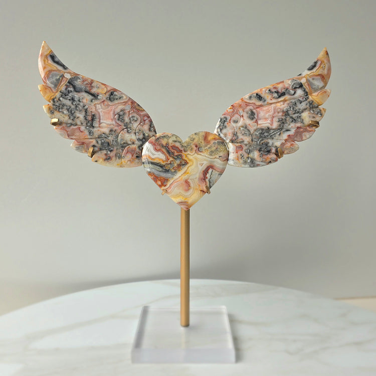 Pink Crazy Lace Agate Heart with Wings on Stand