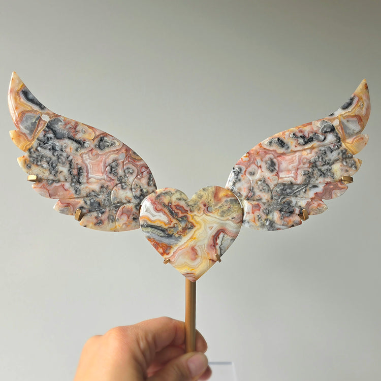 Pink Crazy Lace Agate Heart with Wings on Stand