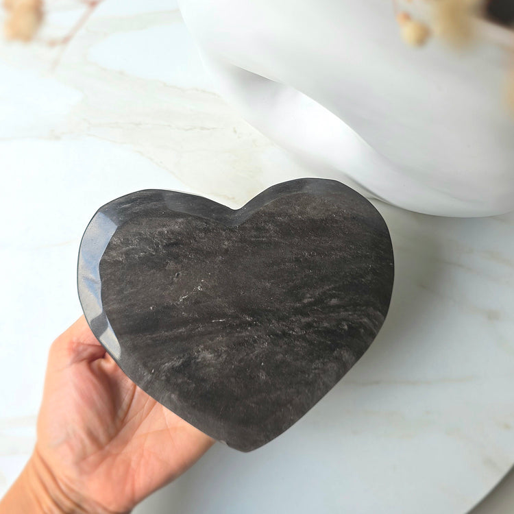 Obsidian Crystal Silver Sheen Heart with Stand XL