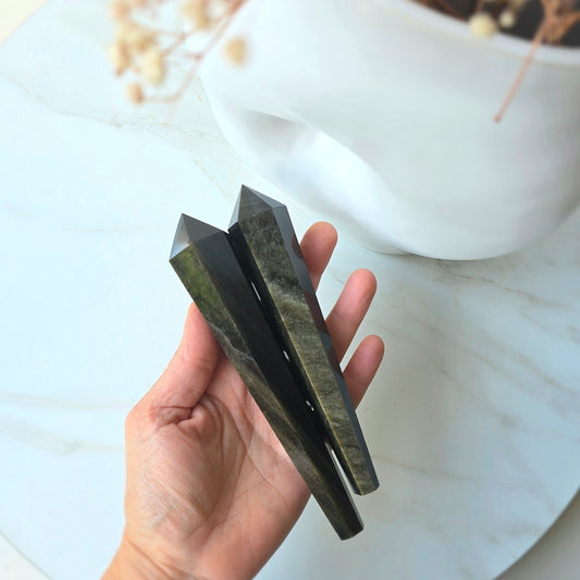 Black Obsidian Crystal Gold Sheen Wand on Stand