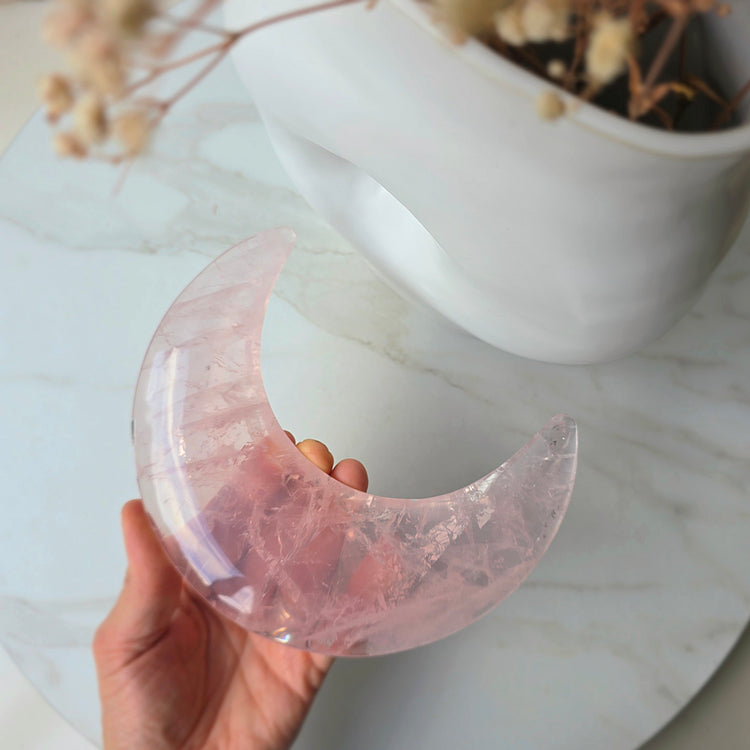 Rose Quartz Crystal Moon on Stand Brazil High Quality