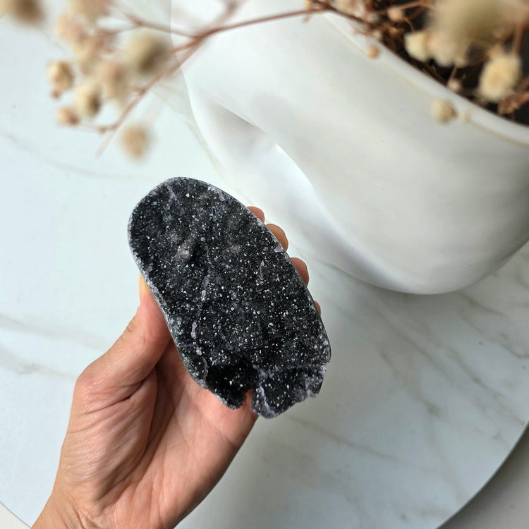 Rare Black Galaxy Amethyst Crystal Cluster on Stand Brazil