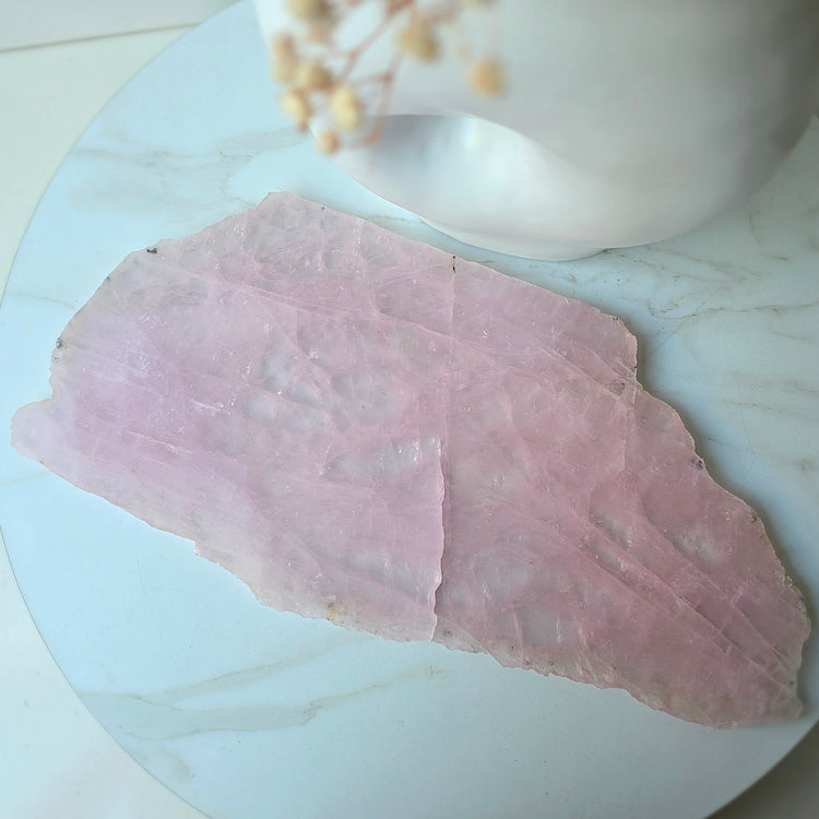 Rose Quartz Crystal Slab Slice on Stand