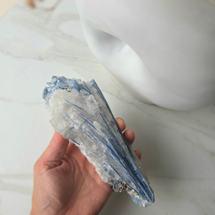 Blue Kyanite Crystal in Quartz on Stand