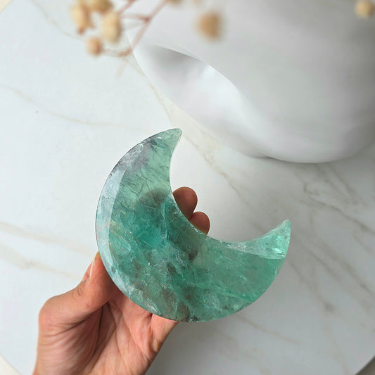 Green Fluorite Crystal Moon on Stand China