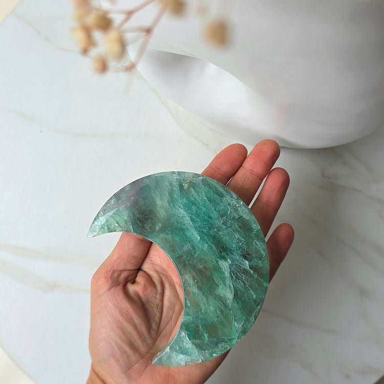 Green Fluorite Crystal Moon on Stand China