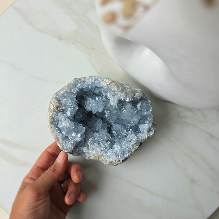 Celestite Crystal Geode Cluster on Stand Madagascar High Quality