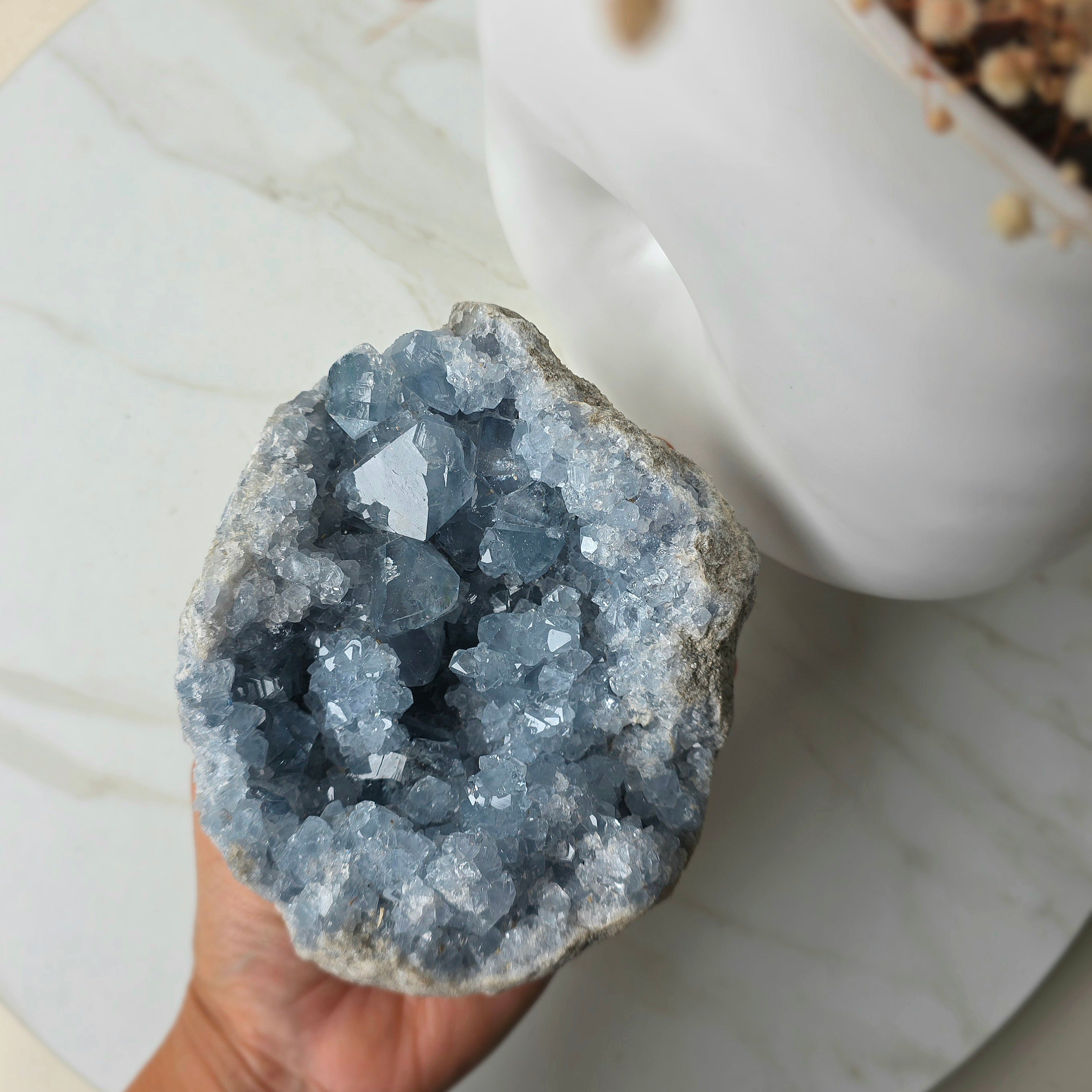 Celestite Crystal Geode Cluster on Stand Madagascar High Quality