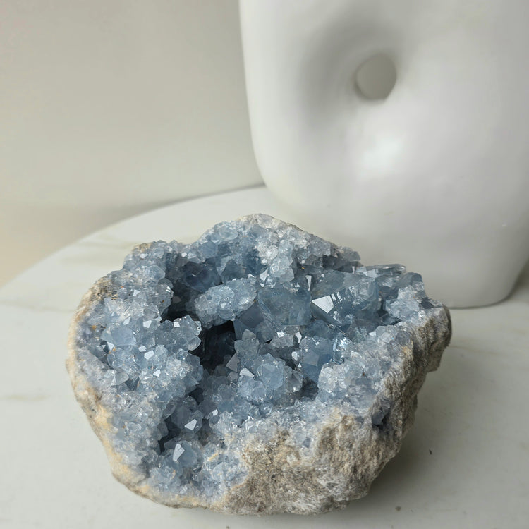 Celestite Crystal Geode Cluster on Stand Madagascar High Quality