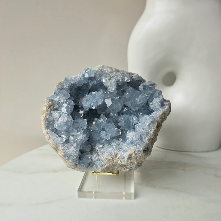 Celestite Crystal Geode Cluster on Stand Madagascar High Quality