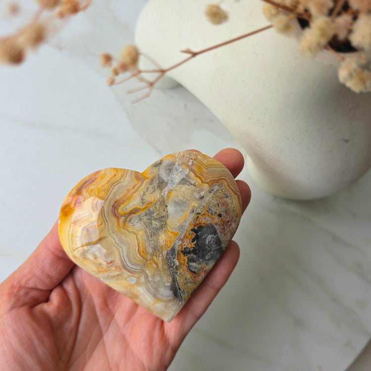 Crazy Lace Agate Crystal Heart on Stand Mexico