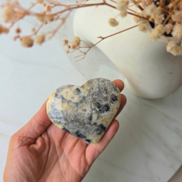 Crazy Lace Agate Crystal Heart on Stand Mexico