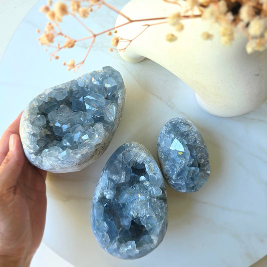 Celestite Crystal Cluster on Stand High Quality