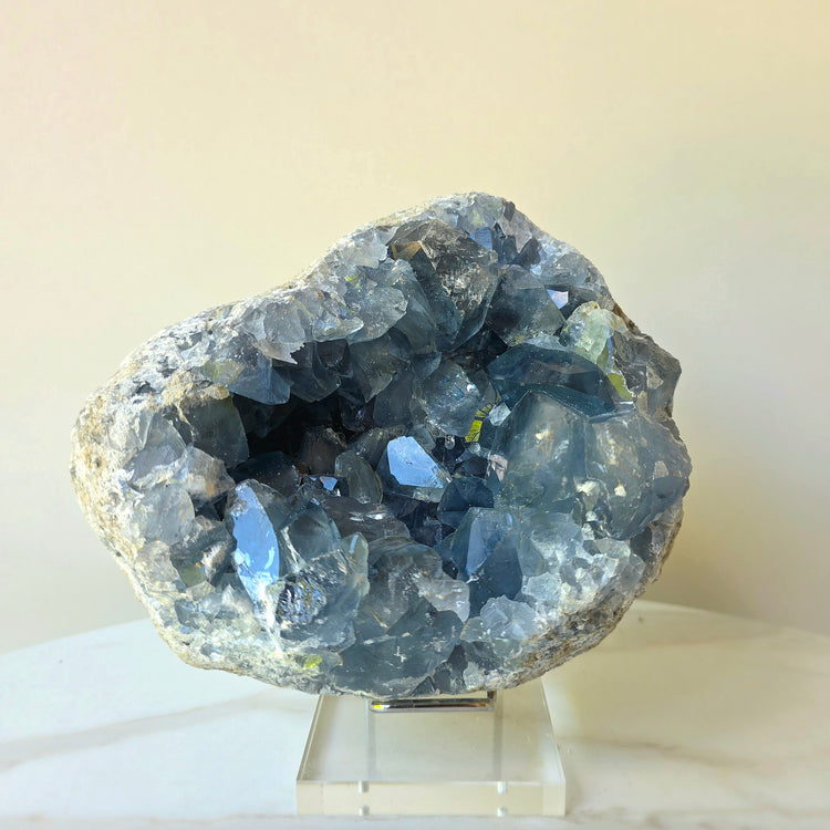 Celestite Crystal Geode Cluster on Stand Madagascar High Quality