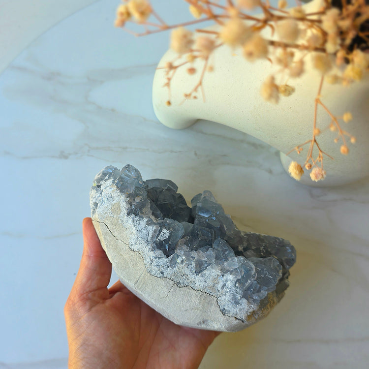 Celestite Crystal Cluster High Quality Madagascar on Stand