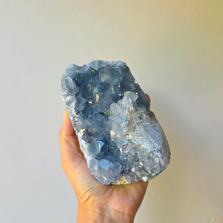 Celestite Crystal Cluster High Quality Madagascar on Stand